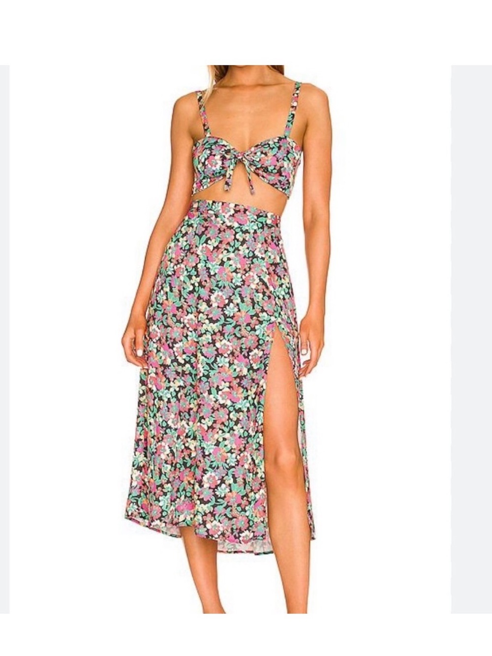 RESA Floral Tie-Front Crop Top — Pink & Mint